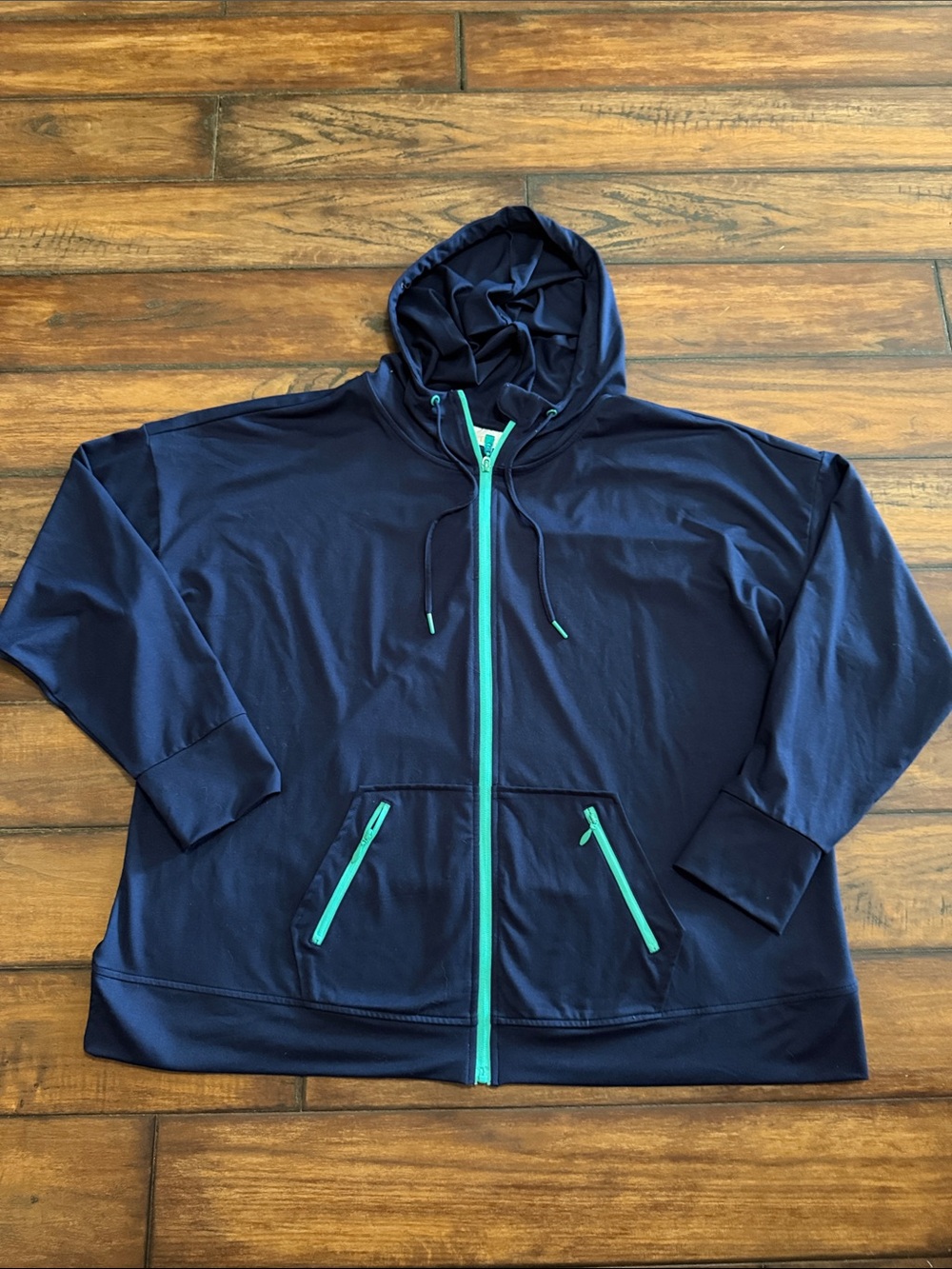 Belle by Kim Gravel Like New Navy Hoodie Jacket with Teal/Green Trim